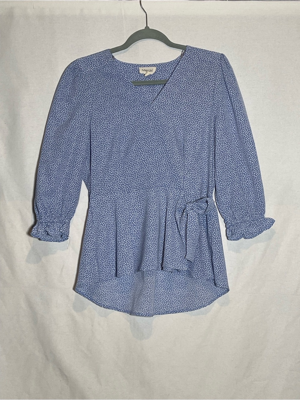 Meraki Blue Polka Dot V-Neck Wrap Blouse Ruffle 3/4 Sleeve Tie Waist Size
